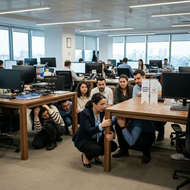 Deprem eğitimi — çök kapan tutun uygulaması