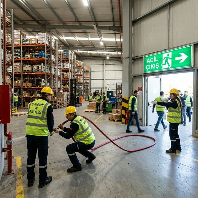 Gaziemir depolama tesislerinde yüksek tavan yangın müdahale ve tahliye eğitimi