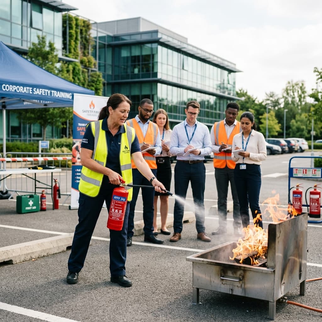 İzmir yangın eğitimi — eğitmen uygulamalı söndürücü gösterimi
