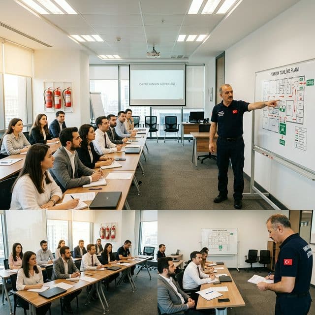 Yangın güvenliği eğitimi — sınıf ortamında teorik sunum